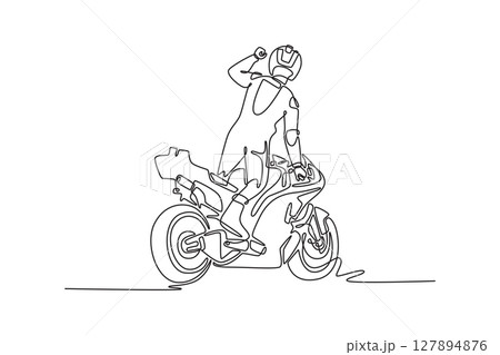 Continuous one line drawing back view of young biker celebrates victory on moto sports racing. Happy rider winning grand prix racing on the track. Single line draw design vector graphic illustration Continuous one line drawing back view of young biker celebrates victory on moto sports racing. Happy rider winning grand prix racing on the track. Single line draw design vector graphic illustration 127894876