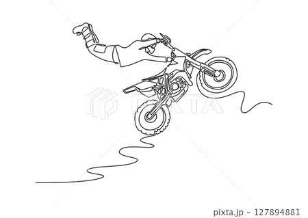 Single continuous line drawing motocross rider jumping, showcasing extreme sports skills, balance and adrenaline action. Extreme sport and freestyle. One line draw graphic design vector illustration 127894881