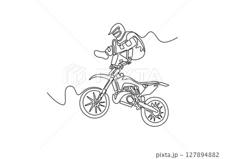 Continuous one line drawing sporty motorcyclist performing tricks at motocross freestyle event. Showcasing remarkable balance and daring expertise. Single line draw design vector graphic illustration 127894882