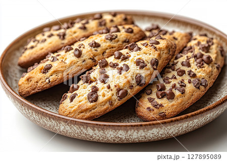 Variety of bakes and cookies in ceramic plate on a white background. Variety of bakes and cookies in ceramic plate on a white background. 127895089