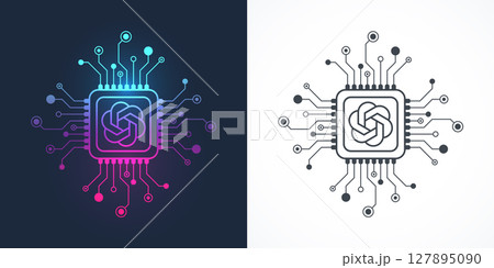ChatGPT icon, sign, logo in the circuit line style. AI chatbot processor vector icon design. Chat GPT motherboard digital chip for poster, banner, header, website, landing page presentation template. 127895090