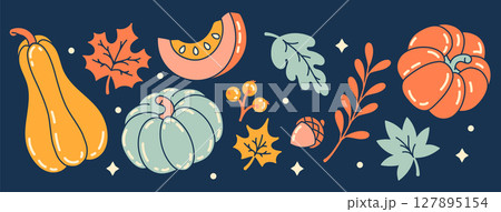 Bright seasonal stickers featuring pumpkins, fall leaves, gourds, and leaves, ideal for crafting and harvest party decorating 127895154