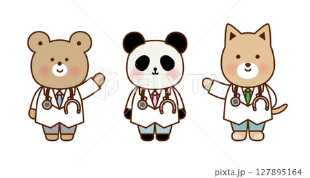 指差しした動物のお医者さんキャラクターセット｜くま・パンダ・犬の可愛い医療イラスト 127895164