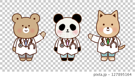 指差しした動物のお医者さんキャラクターセット｜くま・パンダ・犬の可愛い医療イラスト 127895164