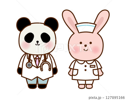 かわいい動物のお医者さん・ナースイラストセット|パンダ・うさぎ かわいい動物のお医者さん・ナースイラストセット|パンダ・うさぎ 127895166