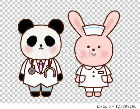 かわいい動物のお医者さん・ナースイラストセット|パンダ・うさぎ かわいい動物のお医者さん・ナースイラストセット|パンダ・うさぎ 127895166