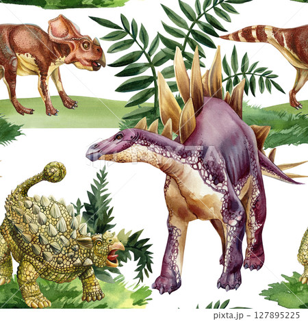 Seamless pattern with horned dinosaurs ankylosaurs and stegosaurs in watercolor jungle foliage 127895225