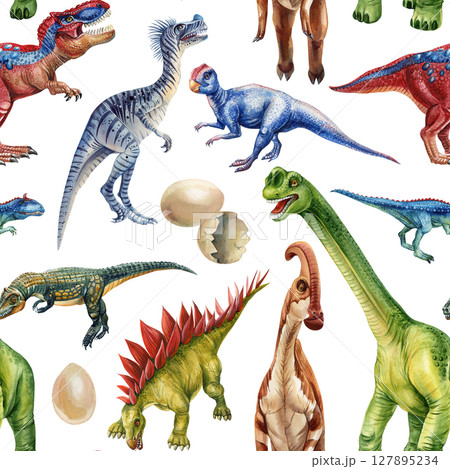 Colorful Dino. Watercolor seamless pattern with baby dinosaurs eggs prehistoric creatures Vintage background. Trendy textile print 127895234