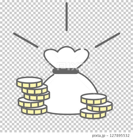 金袋と積み重なった硬貨のイラスト（通貨記号なし） 127895532