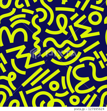 Abstract 80s or 90s hand drawn seamless pattern. memphis style hand drawn illustration. Bright trendy color palette. Circles, squares, lines, spiral. Navy, green lime. 127895624