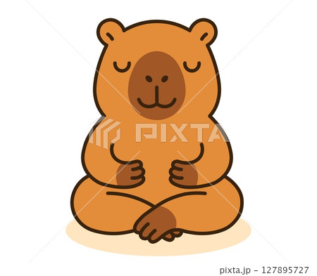 Adorable vector illustration of a calm capybara sitting in a meditation pose with closed eyes. Perfect for mindfulness, wellness, mental health, and relaxation concepts. Adorable vector illustration of a calm capybara sitting in a meditation pose with closed eyes. Perfect for mindfulness, wellness, mental health, and relaxation concepts. 127895727