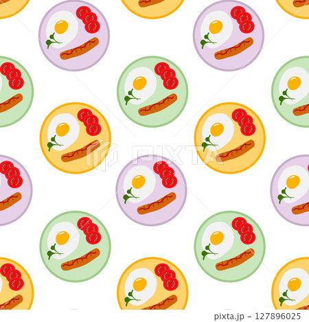 Fried Egg with Grilled sausages and Tomato slices on colorful plates Seamless Pattern Domestic food Fried Egg with Grilled sausages and Tomato slices on colorful plates Seamless Pattern Domestic food 127896025