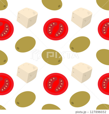 Tomatoes slices Cheese Cubes and olives Seamless Pattern Food Poster Healthy Eating Background idea 127896032