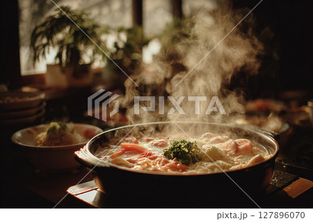 冬の食卓を彩る湯気立つあったか鍋料理 127896070