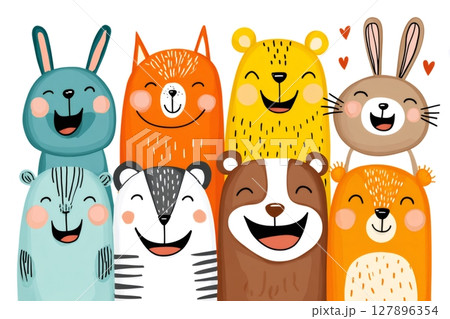 Happy cartoon animals smiling together on white background 127896354