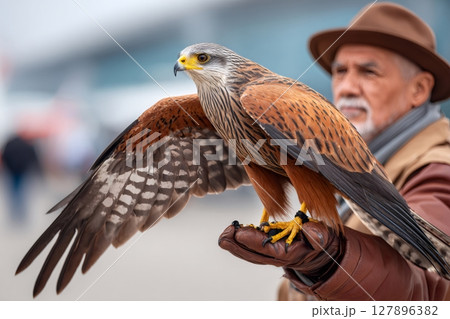 Falconer showing red kite bird of prey 127896382