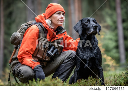 Hunter crouching with her dog in forest during hunting season 127896383