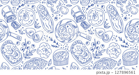 Outline pattern with egg breakfast, blue outlines on white background, coloring with food 127896561