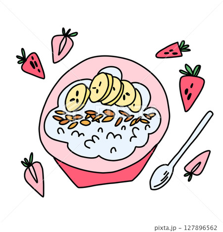 Oatmeal porridge with seeds and sliced banana in a pink plate surrounded by strawberries 127896562