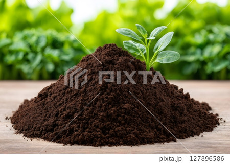 Young plant growing from coffee ground fertilizer showing sustainable agriculture Young plant growing from coffee ground fertilizer showing sustainable agriculture 127896586