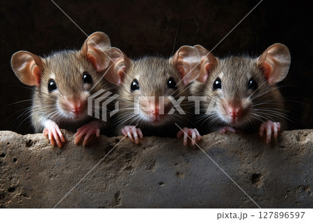 Three mice peeking over concrete block in dark room 127896597