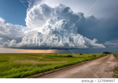 Supercell storm cloud forming over green fields and dirt road Supercell storm cloud forming over green fields and dirt road 127896607