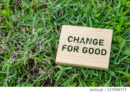 Change For Good text on wooden block, inspiring lasting and positive changes for the environment. Climate awareness concept 127896727