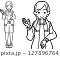 右手をあげて案内する体操服の女子高生線画 127896764