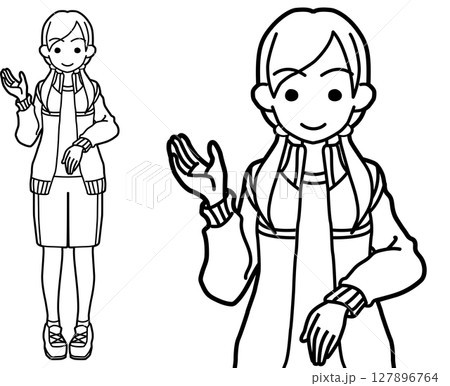 右手をあげて案内する体操服の女子高生線画 127896764