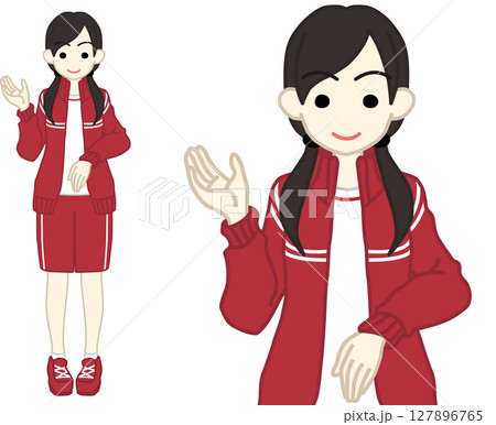 右手をあげて案内する体操服の女子高生カラー 127896765
