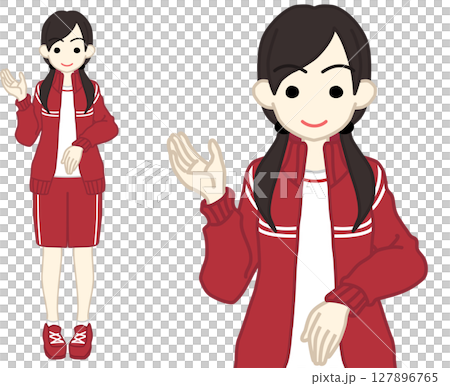 右手をあげて案内する体操服の女子高生カラー 127896765