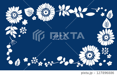 手描きのひまわりベクターイラスト。向日葵と草木の夏の背景素材。ひまわりの夏フレームセット。 127896886