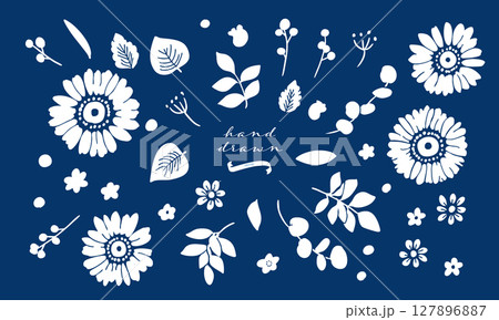 手描きのひまわりベクターイラスト。向日葵と草木の夏の背景素材。ひまわりの夏フレームセット。 127896887