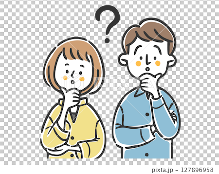 Illustration of a couple with doubts, upper body, vector 127896958