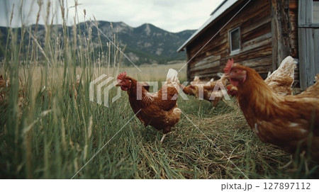 Chickens graze peacefully in a grassy field near an old wooden barn with mountains in the distance. Chickens graze peacefully in a grassy field near an old wooden barn with mountains in the distance. 127897112