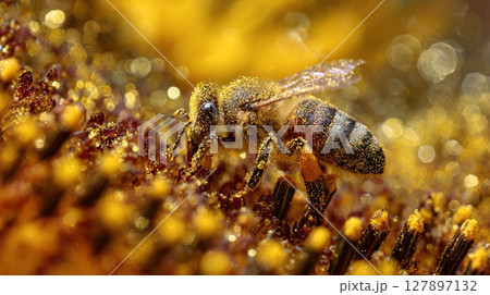 A busy bee covered in pollen diligently collects nectar from a sunflower. 127897132