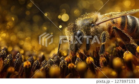 A honeybee covered in golden pollen, collects nectar from a sunflower. 127897133