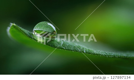 A stunning macro photograph captures a glistening water droplet on a green leaf. 127897134