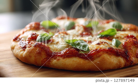 Close-up shot of a fresh, hot pizza topped with mozzarella and basil, ready to eat. Close-up shot of a fresh, hot pizza topped with mozzarella and basil, ready to eat. 127897149