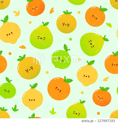 A delightful repeating pattern of cartoon fruits with happy expressions, perfect for various designs. A delightful repeating pattern of cartoon fruits with happy expressions, perfect for various designs. 127897183