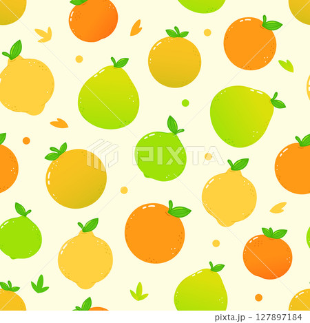 A vibrant and cheerful pattern of citrus fruits in various colors and shapes. A vibrant and cheerful pattern of citrus fruits in various colors and shapes. 127897184