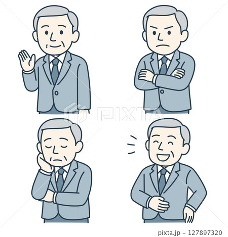 シニア男性の喜怒哀楽表情セット（スーツ姿・青系カラー） 127897320