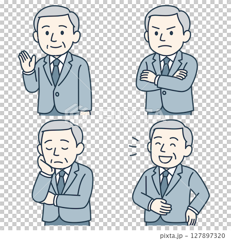 シニア男性の喜怒哀楽表情セット（スーツ姿・青系カラー） 127897320