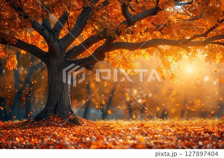 木漏れ日に照らされる紅葉 木漏れ日に照らされる紅葉 127897404
