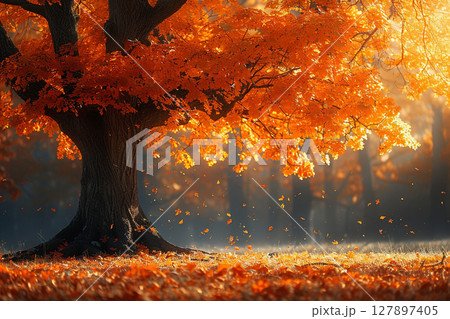 木漏れ日に照らされる紅葉 木漏れ日に照らされる紅葉 127897405