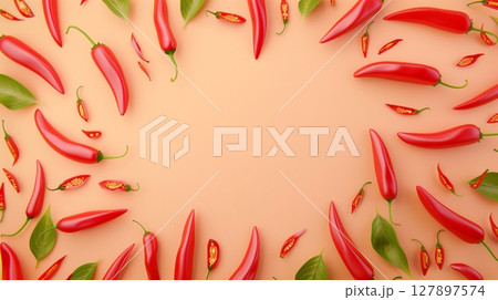 Red chili pepper circular arrangement copy space blank center, organic natural seasoning 127897574