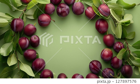 Plum fruit slice organic botanical harvesting copy space blank center circular arrangement 127897576