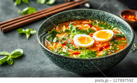 A bowl of delicious and aromatic ramen, garnished with half-boiled eggs, fresh basil leaves, and black sesame seeds. A bowl of delicious and aromatic ramen, garnished with half-boiled eggs, fresh basil leaves, and black sesame seeds. 127897592
