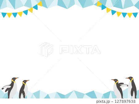 4羽のペンギンと氷の横型のフレームイラスト_緑 127897638