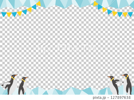 Four penguins and ice horizontal frame illustration_green 127897638